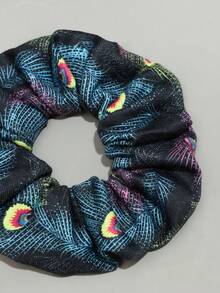 1pc Bohemian Style Peacock Feather Print Elastic Hair Scrunchie, Retro Y2K Vibe Daily Hair Accessory Ponytail Hair Ties Elastics Rubber Bands - Multicolor - View 2