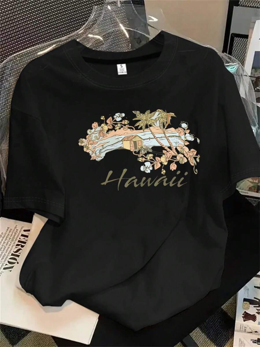 Top de mujer de manga corta y cuello redondo con estampado del logo de Hawái, apto para todas las estaciones. - Negro - Ver 1