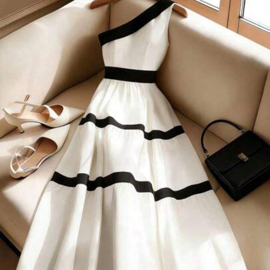 Vestido sin mangas de unicolor tejido con hombros oblicuos en contraste, elegante para primavera/verano . - Albaricoque - Ver 1