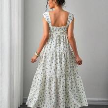 Momance Vestido de maternidad con tirantes anchos, ribete de volantes, espalda con cruce y lazo, silueta ajustada en línea A, falda de varios niveles, vestido largo con estampado floral - Azul y blanco - Ver 3