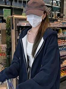 女士纯色长袖拉链连帽休闲卫衣 - 藏蓝色 - 查看 4