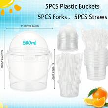 1/5 Set Reusable 16oz Plastic Ice Cream Bucket Set With Dome Lid, Fork And Straw, Suitable For Frozen Food Storage, Popcorn, Outdoor Travel, Beverage Party And Picnic - Multicolor - View 8