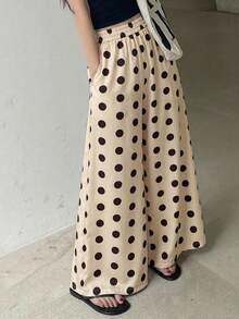 Pantalones de pierna ancha con estampado de lunares y cintura elástica para mujer - Albaricoque - Ver 1