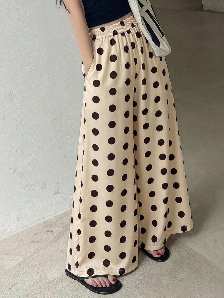 Pantalones de pierna ancha con estampado de lunares y cintura elástica para mujer - Albaricoque - Ver 1