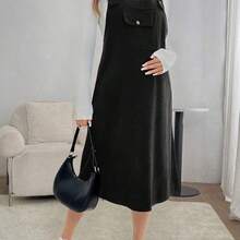Vestido casual suelto con bolsillo y tirantes de unicolor para mujeres embarazadas, para primavera y otoño, para maternidad - Negro01 - Ver 2