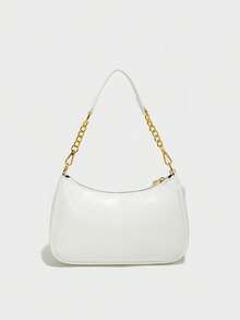 Bolso de hombro para mujer de PU blanco con textura lisa, bolso de mano de unicolor con colgante de concha con tema oceánico y decoración de letras, cierre de cremallera suave, asa de cadena, correa larga ajustable, para hombro, bandolera o llevar en la mano - Blanco - Ver 2