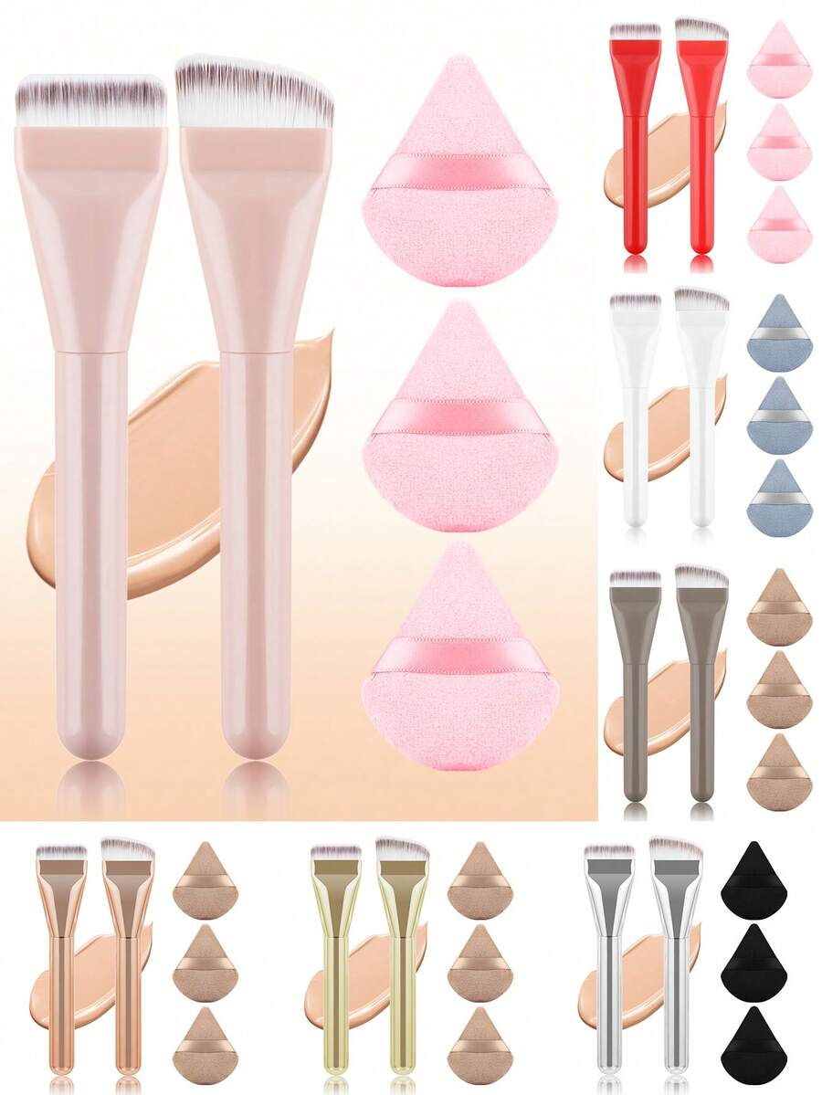 ronshadow 2 piezas Brocha de base sin costuras de cabeza plana + 3 piezas Juego de esponjas de maquillaje triangulares, incluye brocha de base angular, herramienta de maquillaje de aplicación rápida no absorbente apta para principiantes - Multicolor - Ver 1