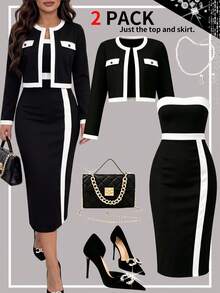 Plus Size Women's Elegant Autumn/Winter Set, Contrast Trim Button Cardigan Paired With Solid Color Long Dress, 2 Pieces Set Black - Black - View 5
