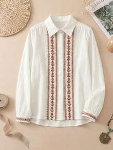 Blus Kasual Bordir Bergaya Vintage, Atasan Lengan Panjang - Krem - View 4