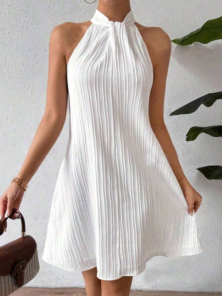 Vestido mini ajustado de unicolor con cuello anudado y plisado - Blanco - Ver 1