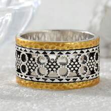 Two-Tone Hollow Carved Wide Ring, Bohemian Style, Vacation Retro Niche Accessory - Silver - View 4