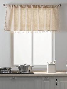 Bubaba Boho Linen Kitchen Valance Curtain With Tassels, Farmhouse Semi Sheer Short Window Curtain Rod Pocket For Kitchen, Bathroom, Cafe, Living Room, Beige, 1 Panel - Beige - View 3