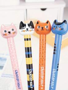 4pcs Funny Meow Gel Pen, Cute Cat Shaped Flick Retractable Pen, Stress Relief Quick-Dry CS Tip Study Pen, Quick-Dry Ink, Great For Stress Relief While Using, Perfect For Kids, Daily Study Use - Multicolor - View 1
