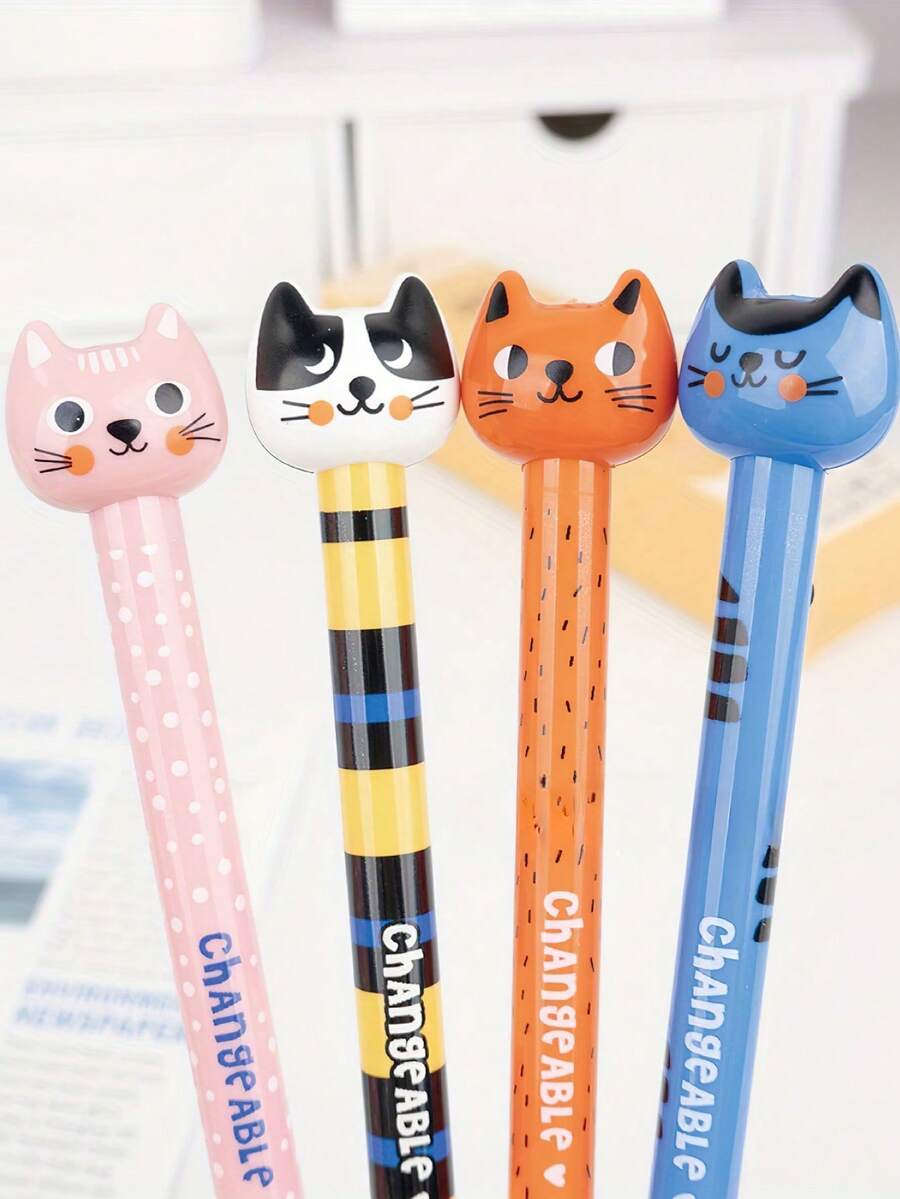 4pcs Funny Meow Gel Pen, Cute Cat Shaped Flick Retractable Pen, Stress Relief Quick-Dry CS Tip Study Pen, Quick-Dry Ink, Great For Stress Relief While Using, Perfect For Kids, Daily Study Use - Multicolor - View 1