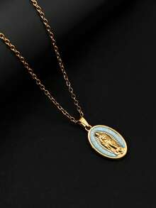 1pc Stainless Steel Oil-Drip Vintage French Style 18K Gold Plated Oval Virgin Mary Relief Pendant Necklace, Hip Hop O-Chain, Minimalist Elegant Jewelry For Men And Women, Affordable Valentine's Day Souvenir Accessory - Blue - View 6