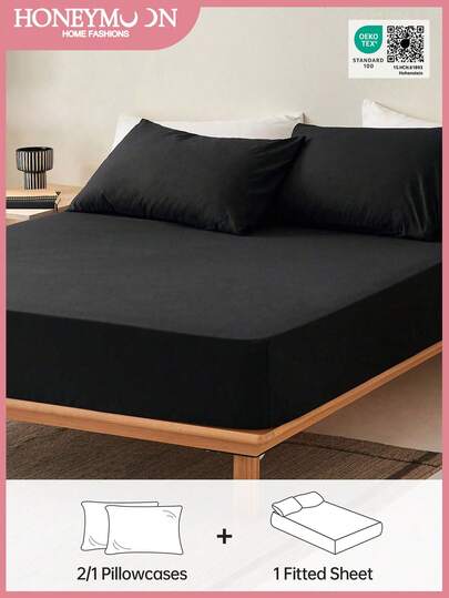 HONEYMOON Solid Color Fitted Sheet Set (2pcs=1 Fitted Sheet+1 Pillowcase; 3pcs=1 Fitted Sheet+2pcs Pillowcases)-100% Polyester Fabric Mattress Cover, Fits 9-12inches Deep Pocket, Pillow Cover Without Pillow Core, Soft And Breathable, Shrinkage Resistant, Machine Washable-T F Q K Size For Home And Dorm, Oeko-Tex Certified, Black