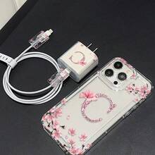 5件組花卉字母C個性化圖案保護手機殼 + 充電頭套 + 線材保護套 + 收納掛繩 TPU防震全機身保護手機殼 適用於Apple 16 15 14 13 12 11 Pro Max - 彩色 - 查看 5