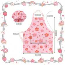Apron And Chef Hat Set Adjustable Bib Apron With Pocket For Cooking Baking Painting Arts And Crafts 3-8 Age - N-pink Flower - View 4