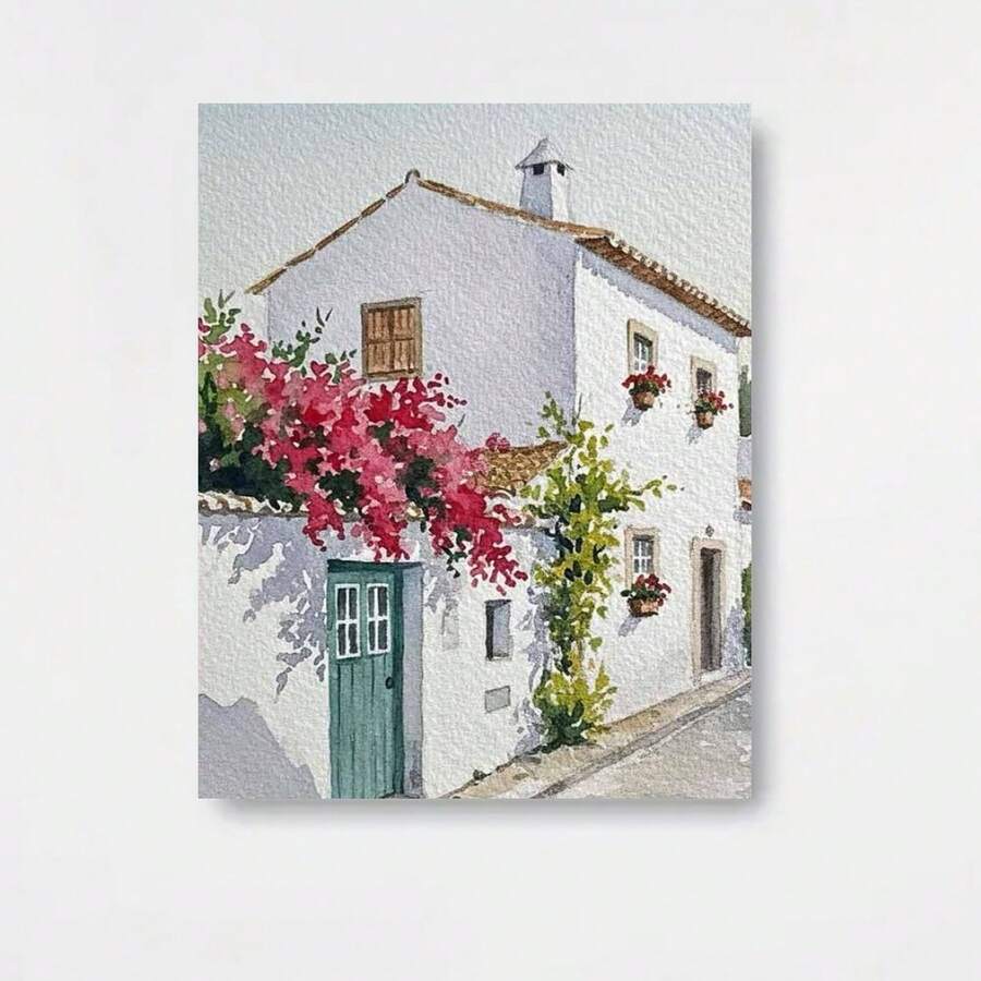 Póster en lienzo sin marco 2D plano, 2D plano, 1 pieza, estilo mediterráneo, pared blanca, puerta verde, decoración floral, pintura en lienzo, decoración artística, arte de pared de cocina moderno, póster de arte en lienzo, póster de decoración moderna para dormitorio en el hogar - Enmarcado - Ver 1