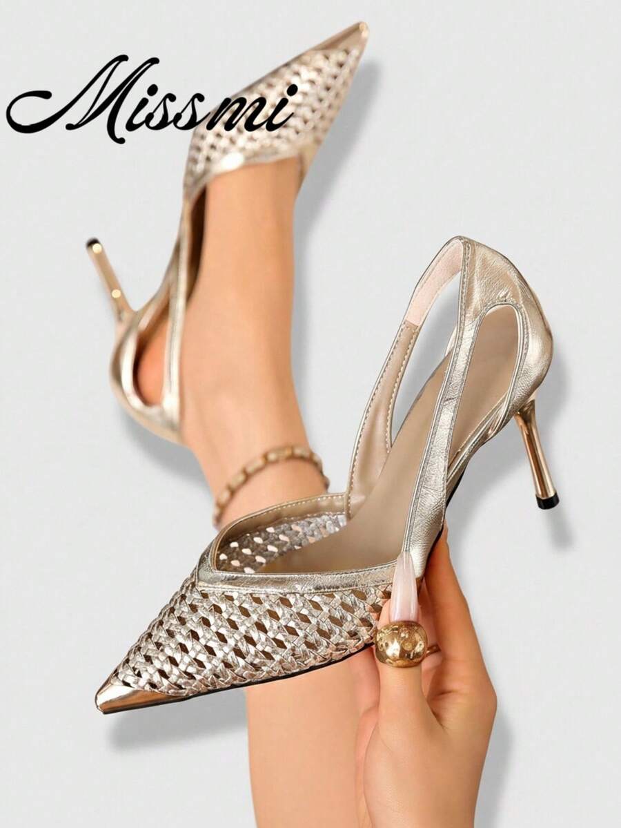 Sexy Rhinestone Fishnet Black Mesh High Heels, Niche Design Pointed Toe Pumps For Evening Gown - Gold - View 1