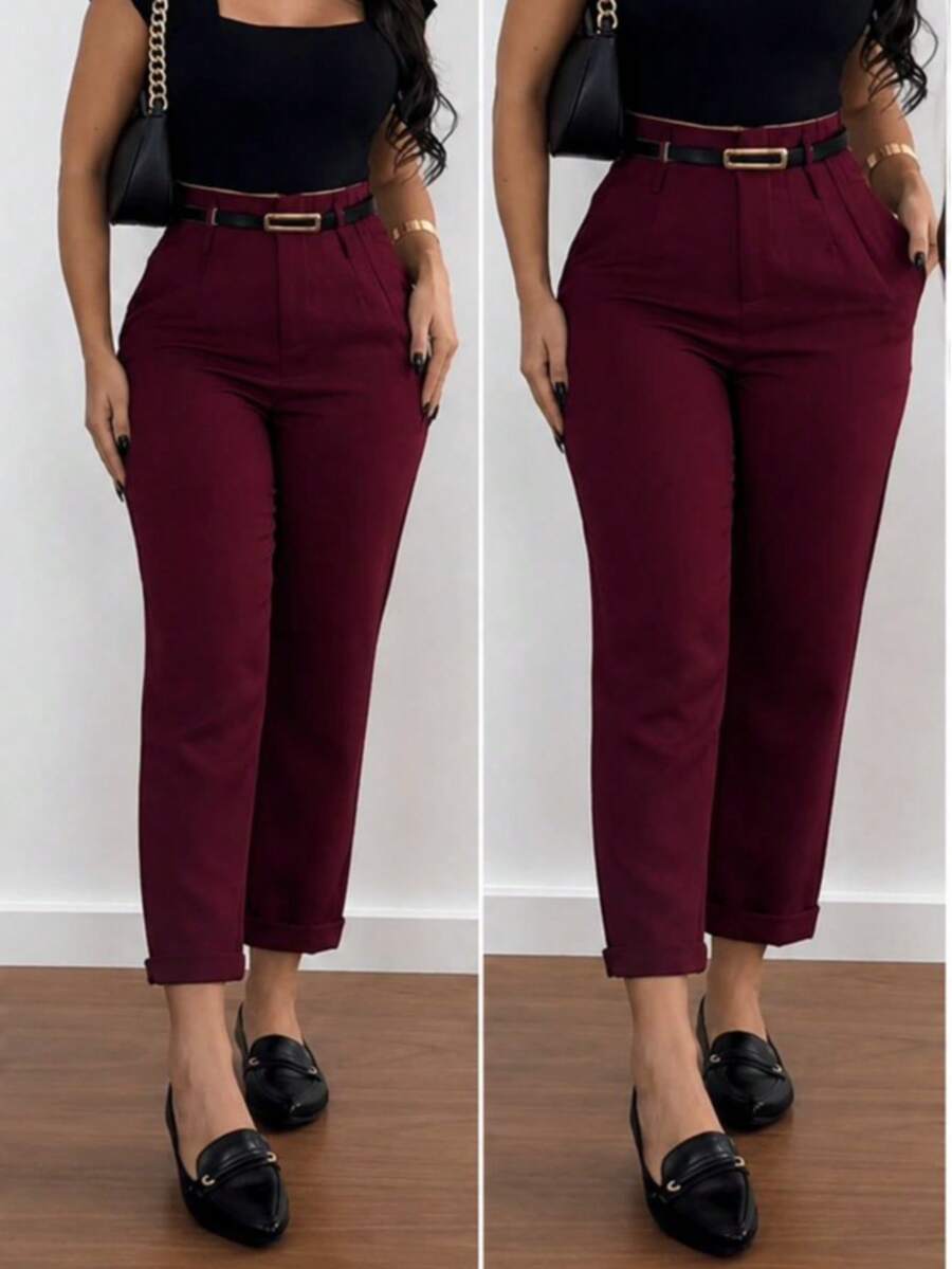 Tailored Trousers With A Carrot-Style Belt, ZA Type. - 酒紅色 - 查看 1