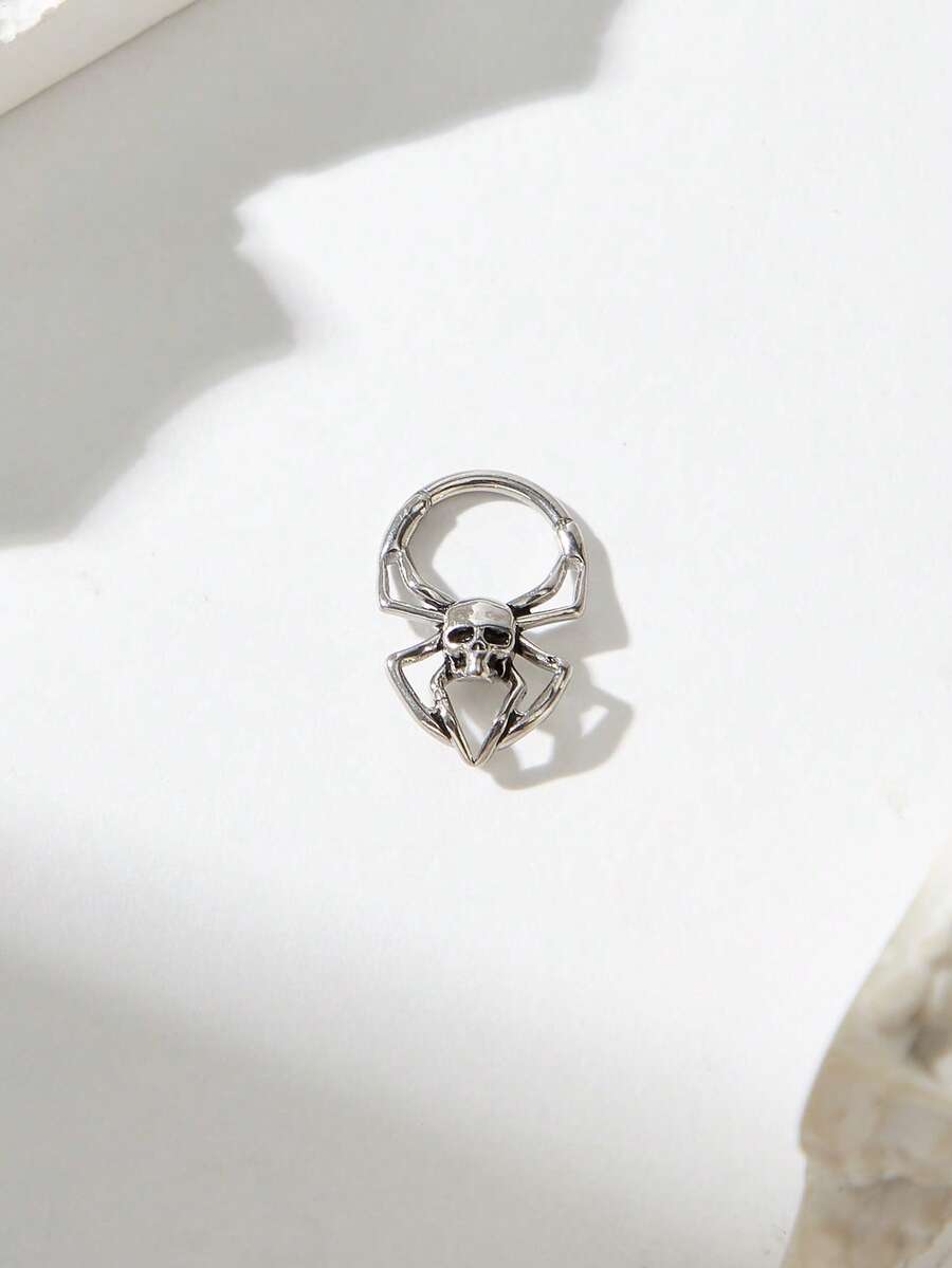 1pc Stainless Steel Dark Gothic Skull & Spider Nose Ring, Suitable For Parties, Music Festivals, Gatherings - Silver - View 1