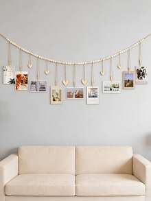 1pc Bohemian Style Photo Display Hanging Rack - White Wooden Bead Photo Holder With Clips And Heart-Shaped Tags, Perfect Wall Decor For Hanging Photos In Living Room, Bedroom And Classroom - Multicolor - View 5