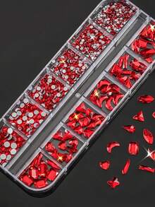 2Boxed/Set-24grids Christmas Luxury Green/Red Nail Art Rhinestone SS4-SS6 Mixed Green&Red Nail Multi-Shape+Round Nail Jewelry - Baby Pink - View 2