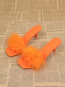 Sandalias de tacón alto para mujer con punta cuadrada y punta abierta, piel sintética naranja, sandalias de fiesta de tacón de aguja nuevas para verano - naranja - Ver 2