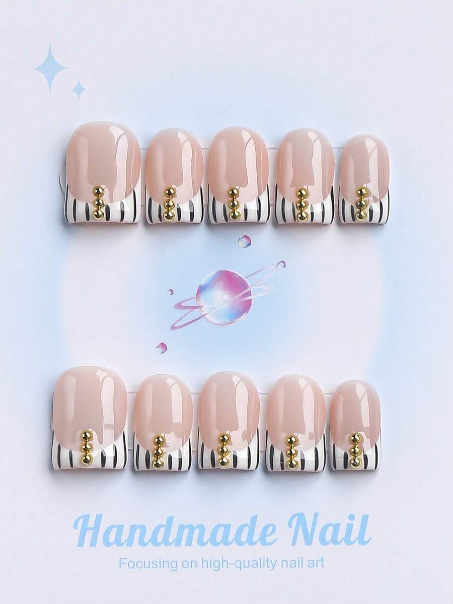 10PCS -Handmade Press On Nails, Square Shape, Fake Nails, Y2K Style, Sturdy Quality, Reusable, Pink, Matching French Style, 3D, Suitable For Daily Wear, Parties,Vacation, And Also The Best Holiday Gift For Girls And Women. - White - View 1
