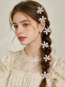 10pcs Girls' Minimalist Fresh Floral Crystal Hair Clips - White - View 5