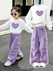 Young Girl Heart Pattern Print Crew Neck Sweatshirt And Cargo Pants Casual Set - Purple - View 1