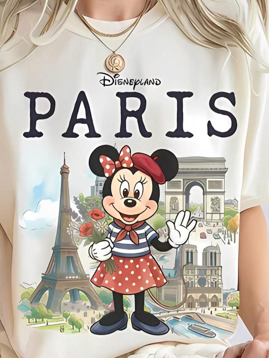 Disney Minnie Mouse Disneyland Paris Crew Neck Sweatshirt: This Women's Crew Neck Sweatshirt Features Beloved Disney Character Minnie Mouse In A Charming Parisian Theme, Designed As A Sweet Graphic Pullover For Disney And Travel Fans. Crafted From Soft, Thickened Fabric, It Delivers A Cloud-Like, Skin-Friendly Feel That Keeps You Warm And Cozy All Day Long. The Front Showcases A Whimsical Print: Minnie In A Red Beret, Striped Top And Polka Dot Skirt, Holding Flowers, Set Against Iconic Paris Landmarks Including The Eiffel Tower And Arc De Triomphe, With Bold "Disneyland Paris" Lettering At The Top. The Gentle, Colorful Art Style Blends Minnie's Cheerful Charm With Parisian Magic Perfectly. Designed With A Relaxed Fit, This Sweatshirt Offers A Comfortable, Flattering Silhouette For All Body Types. It Works Great For Casual Outings, Theme Park Visits, Travel Days, Friend Gatherings Or Cozy Days In, And Makes A Thoughtful Gift For Disney-Loving Fans. - White - View 1