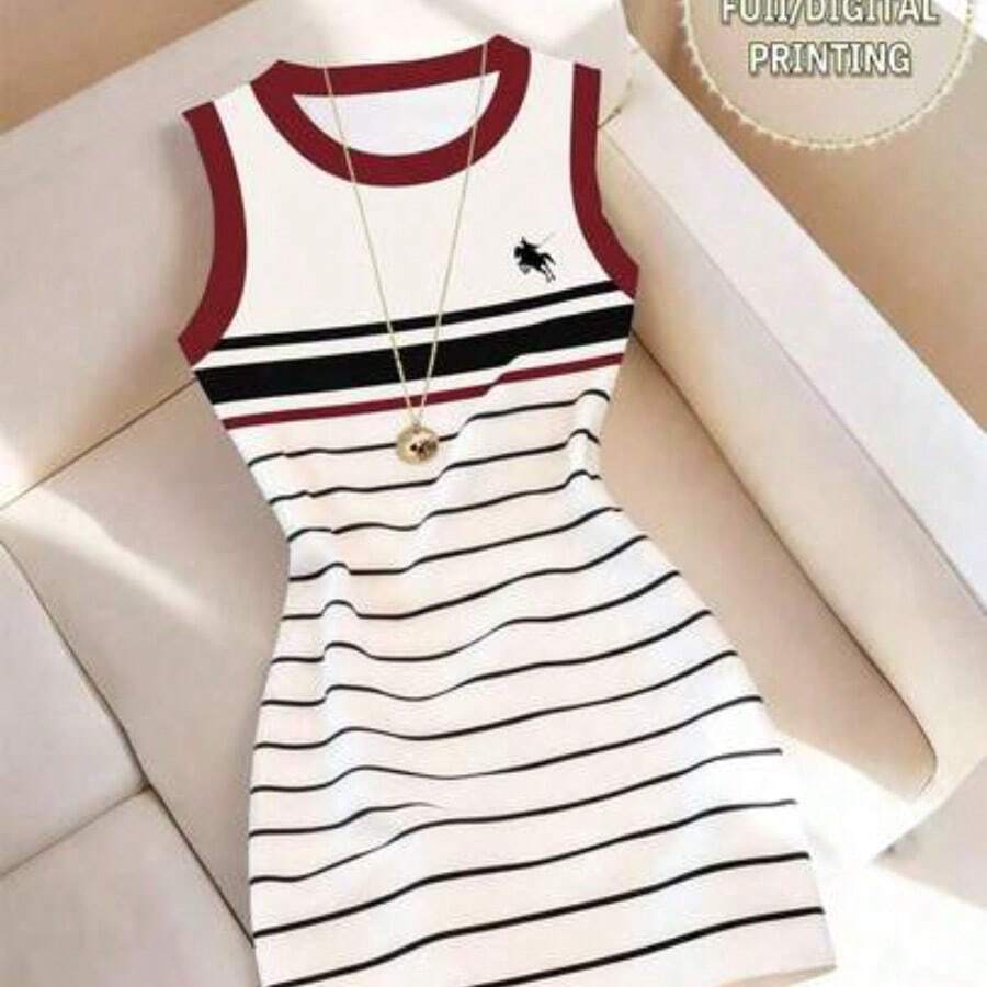 dahkjdgajy  Vestido de cuello redondo de efecto de mezclilla con estampado digital de longitud media para mujer - Multicolor - Ver 1