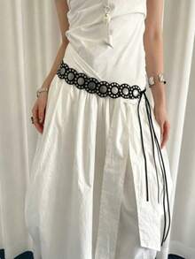 1pc PU Material Mirror Disc Rivet Lace-Up Waist Belt - Black - View 6