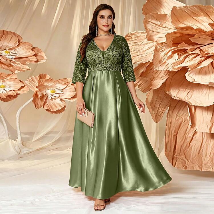 silk green dress long sleeve XUIBOL Plus Size Women's V-Neck 3/4 Satin Formal Gown, Elegant Floor-Length Formal With Contrast Sequin Details Ezra Bias Maxi Dress