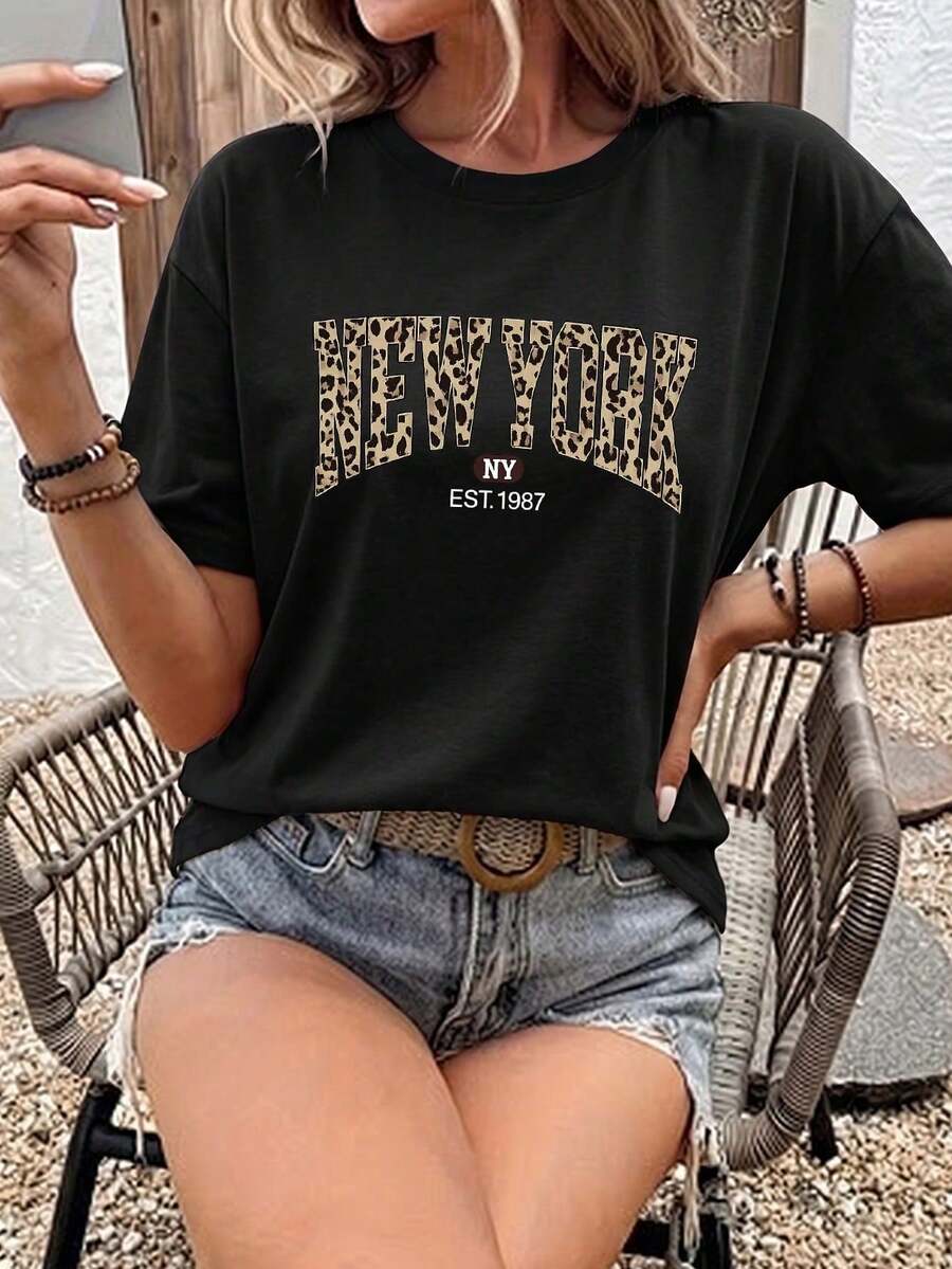 2026 Women's Cotton T-Shirt Casual Quality Oversized Plus Size T-Shirt With Heart And Leopard Print - Chic Casual Clothing For Women Basic Unisex T-Shirt - -2 - 查看 1