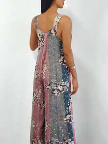 Women's Casual Pleated Loose Straight Leg Floral Square Neck Jumpsuit, Adjustable Shoulder Straps, Spring/Summer - Multicolor - View 3