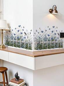 2pcs Blue Plant Flower Fence & Baseboard Pastoral Plant Stickers, Spring Home Decor, Mixed Colors, Self-Adhesive PVC Wall Decals - 68022-sulan Xiaoyu - View 2