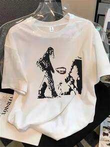 Top de mujer de cuello redondo y manga corta con estampado de perro en blanco y negro y estampado de perro en blanco y negro con bocadillos de diálogo, apto para todas las estaciones. - Blanco - Ver 1