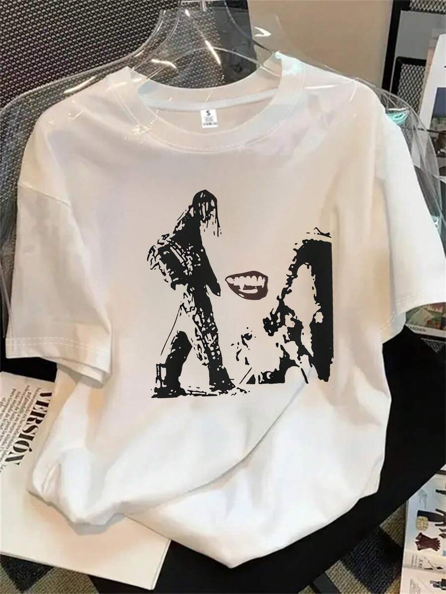 Top de mujer de cuello redondo y manga corta con estampado de perro en blanco y negro y estampado de perro en blanco y negro con bocadillos de diálogo, apto para todas las estaciones. - Blanco - Ver 1