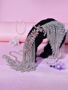 1 pieza Diadema ancha de lujo con decoración de rhinestones, adecuada para fiestas, fotografía, vacaciones, bailes - Plateado - Ver 8