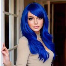 Peluca sintética rizada azul de 26 pulgadas para mujer con flequillo, resistente al calor, cabello suave y liso, estilo elegante y de moda natural, adecuada para el uso diario, fiestas, reuniones, banda de gorra ajustable para un ajuste , ideal para Halloween, Navidad, fotografía - Ver 6