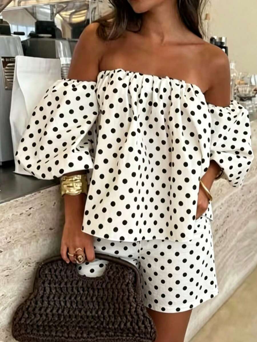 Women's Black & White Polka Dot Off-Shoulder Lantern Sleeve Loose Top And Elastic Waist Shorts 2-Piece Set, Suitable For Beach, Vacation, Summer, Valentine's Day, Beach Party, Travel, Daily Wear, Hangout With Friends - Black and White - View 1