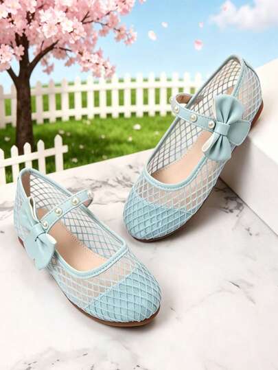 1 Pair Kids Light Blue Mesh Mary Jane Flats, Breathable Hollow Princess Shoes With Pearl Bow, Adjustable Closure, Suitable For Girls Spring Summer Autumn Casual Party, Wedding, Daily Wear, Holiday Birthday, Back To School Gift