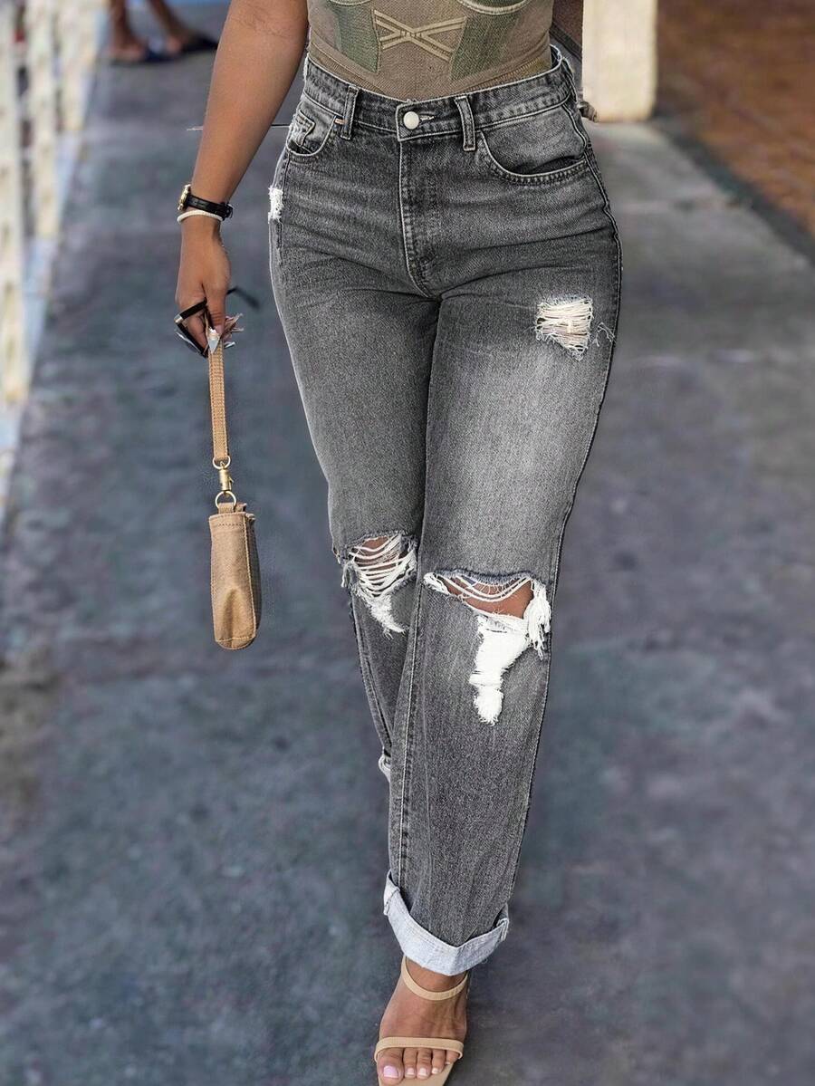 Women's Casual Loose-Fit Solid-Color Mid-Rise Straight-Leg Jeans - Featuring Distressed Rips And Tears; Suitable For All Seasons. - Xám - Xem 1