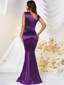 MUXXN Vintage 1950s Asymmetric Neckline Mermaid Hem Satin Party Dress Wedding - Purple - View 2