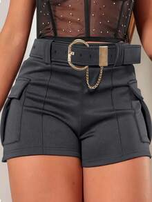 Shorts ajustados estilo retro con cinturón, color sólido y bolsillos decorativos - Gris Oscuro - Ver 5
