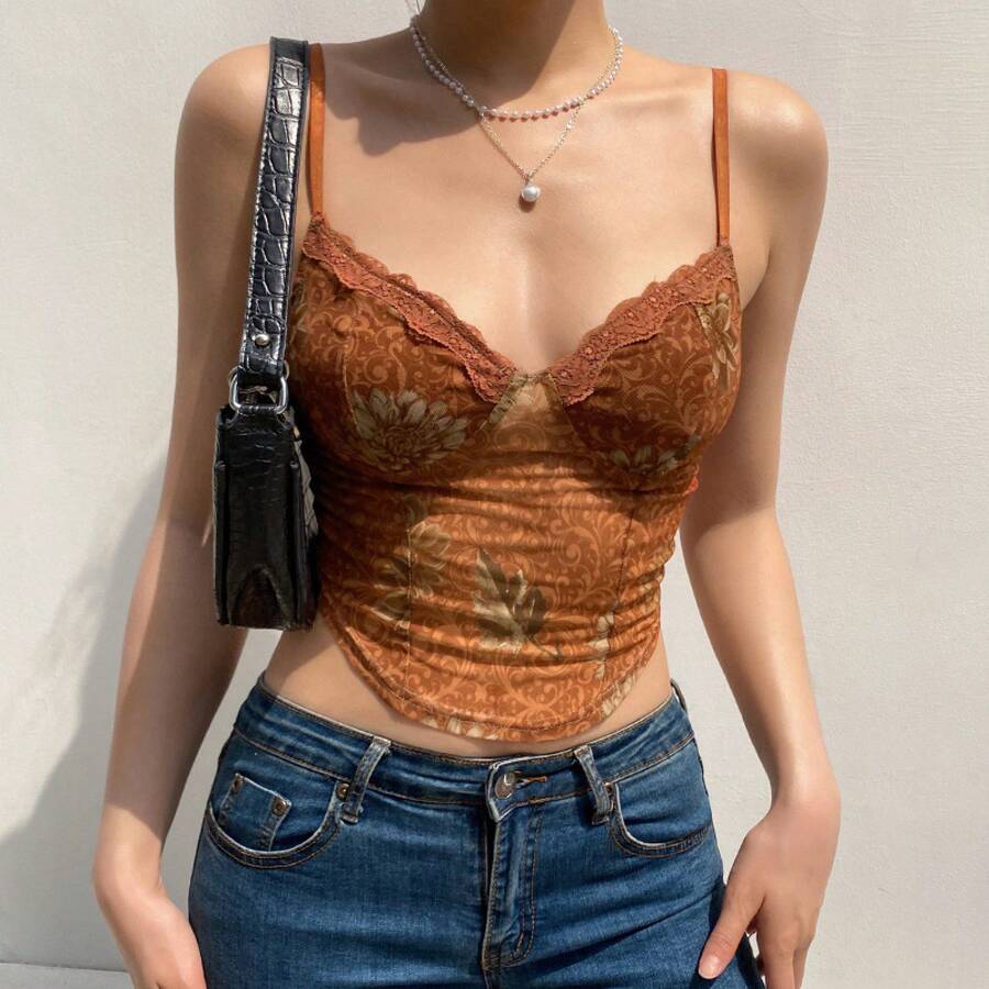 Mesh Bustier Top With A Unique And Fashionable Print For A Stylish Look. - Flower - View 1