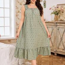 dahkjdgajy CottageSlumber Camisón maxi sin mangas con volantes y estampado floral pequeño para tallas grandes, vestido de casa con esplendor floral abundante en verde, vestido de estar por casa con estampado floral para mujeres - Azul - Ver 2